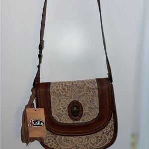 Justin Boots Brown and Cream Crossbody Bag with Lace Design